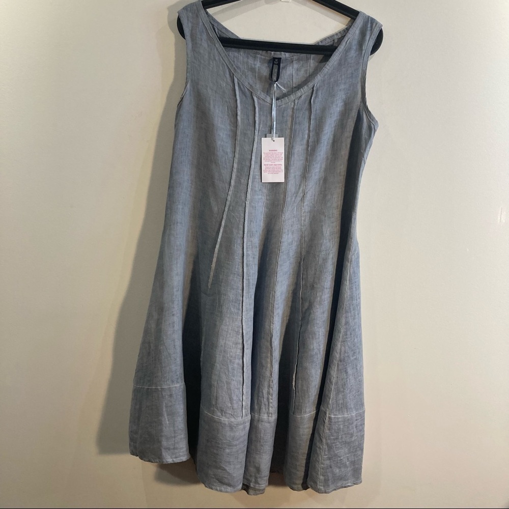 INIZIO Sz M 100% Linen Comfort Knitted Panels A-Line Midi Unlined Dress NEW